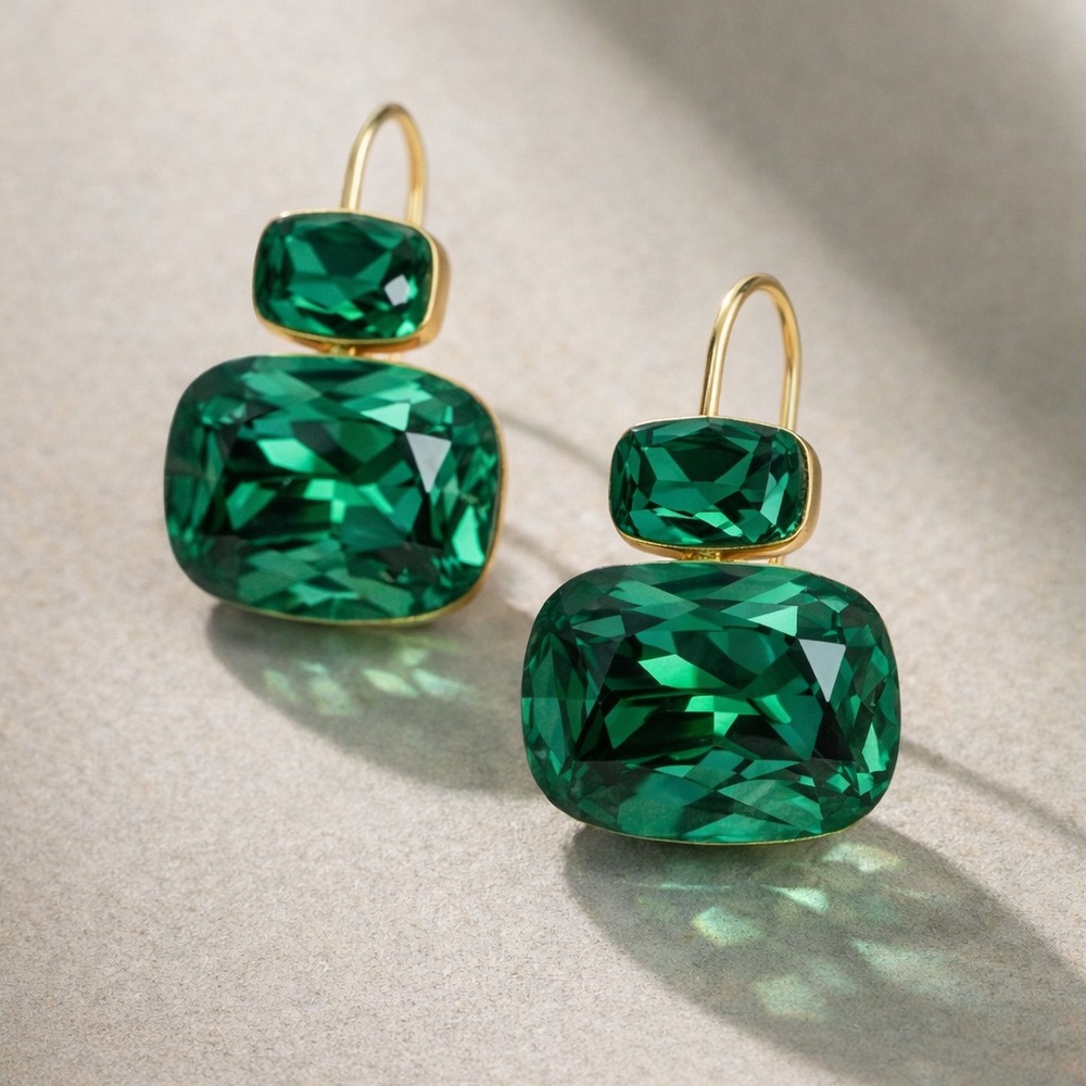Emerald Green Cushion Drop Earrings | 18K Gold Plated